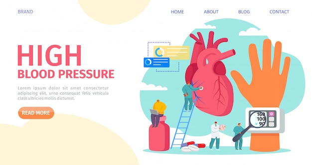 High blood pressure measuring, landing   illustration. Cardiology disease, tonometer medical equipment. Doctor hypertension