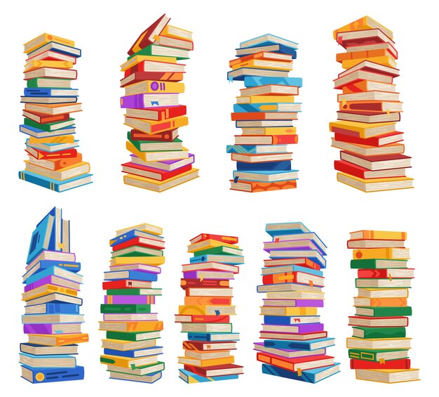 Vector high book stacks or pile icon set library textbooks and school literature heaps dictionaries bookstore advertise cartoon stacked books angle view with different colorful covers isolated on white