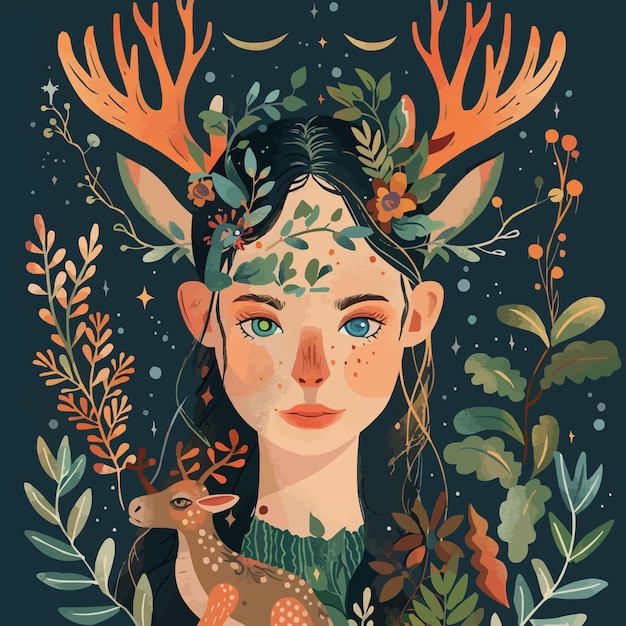 Vector high fantasy portrait with magical creatures and enchanted elements flat portrait vector illustration