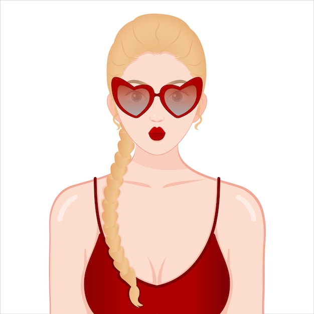 High fashion girl wearing a red sunglasses kiss pose blonde braided hair red bikini in summer