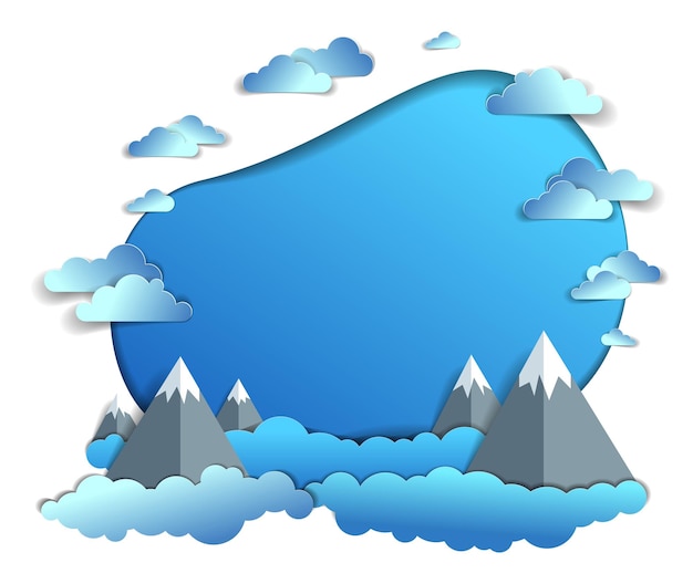 High mountain peaks range scenic landscape of summer with clouds in the sky, frame or border with copy space, paper cut style childish illustration, holidays, travel and tourism theme.