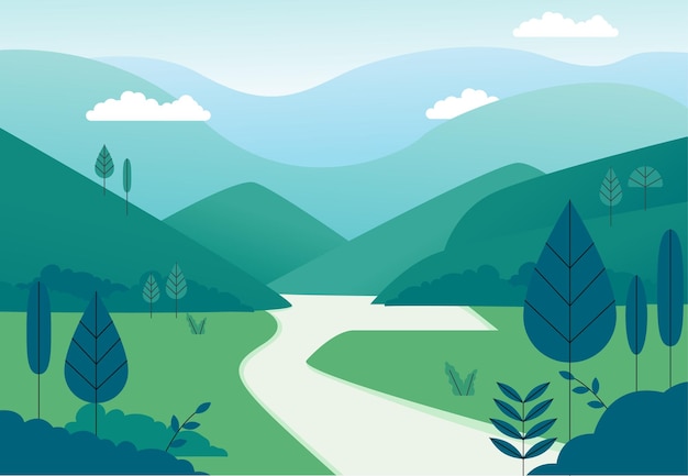 High mountains and the road to the mountains. flat design style vector illustration.