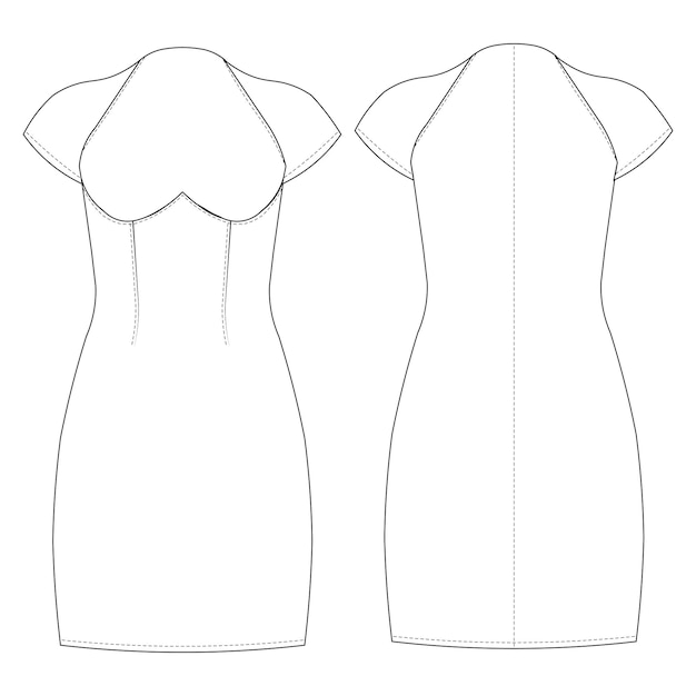 Vector high neck short mini sleeve bodycon short dress template technical drawing flat sketch cad mockup f