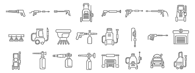 High pressure washer icons set outline vector Car wash foam