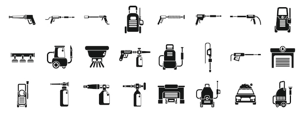 High pressure washer icons set simple vector Car wash foam