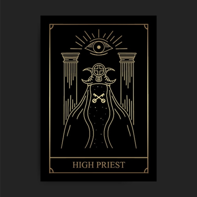 High priest magic major arcana tarot card in golden hand drawn style