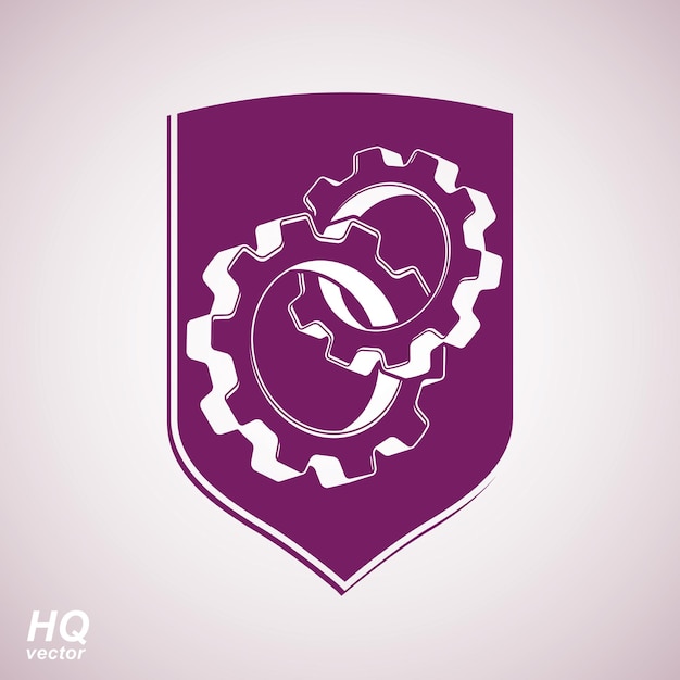 High quality 3d graphic gear symbol on a shield, heraldic escutcheon with an engineering design element. Engine component symbol – industrial cog wheel. Defense emblem.