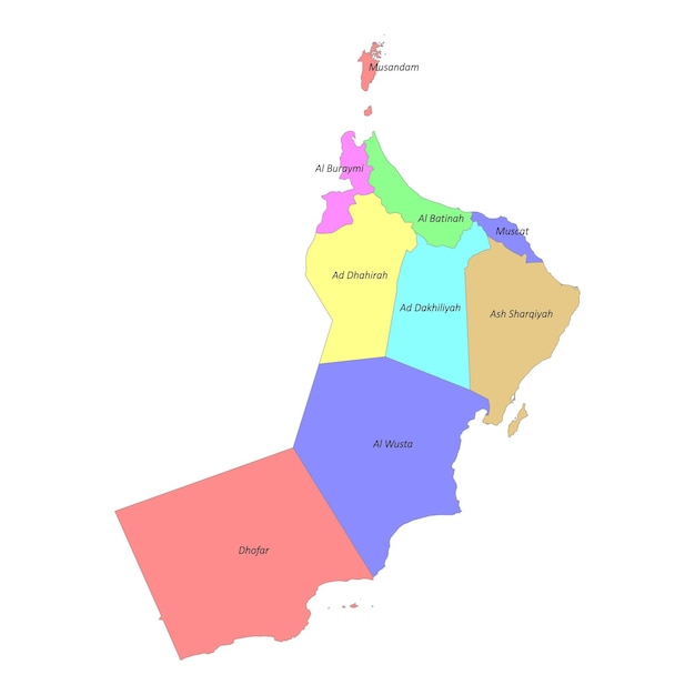 High quality labeled map of with Oman borders of the regions