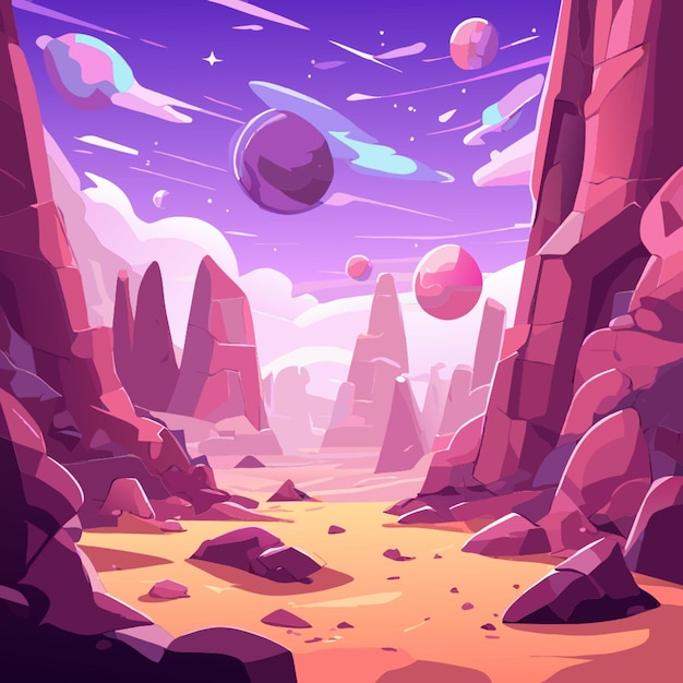 Vector high quality ultra hd highly realistic alien planet cartoon space landscape with pink meteor