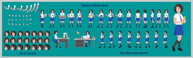 High School Girl Student Character Design Model Sheet with walk cycle animation. Girl Character design. Front, side, back view and explainer animation poses. Character set and lip sync