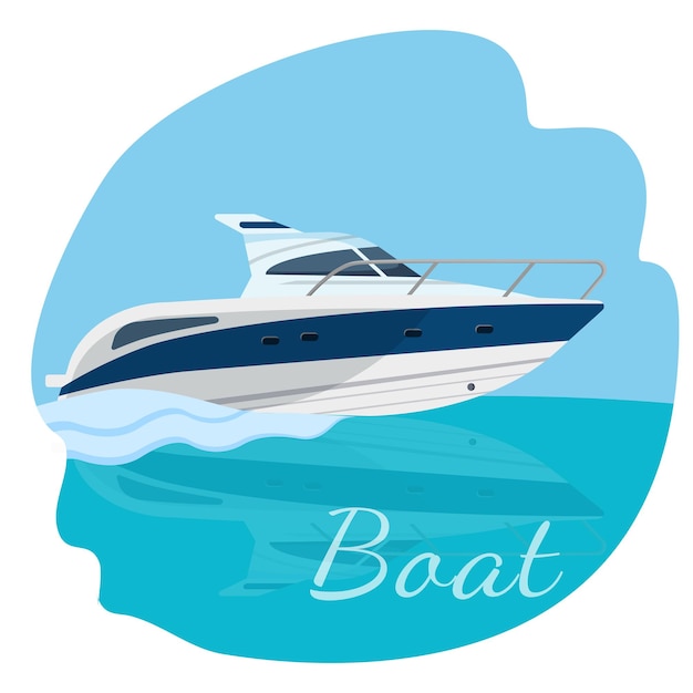 High speed motor boat sailing in the sea vector illustration isolated on blue. Traveling by water concept. Modern yacht realistic design