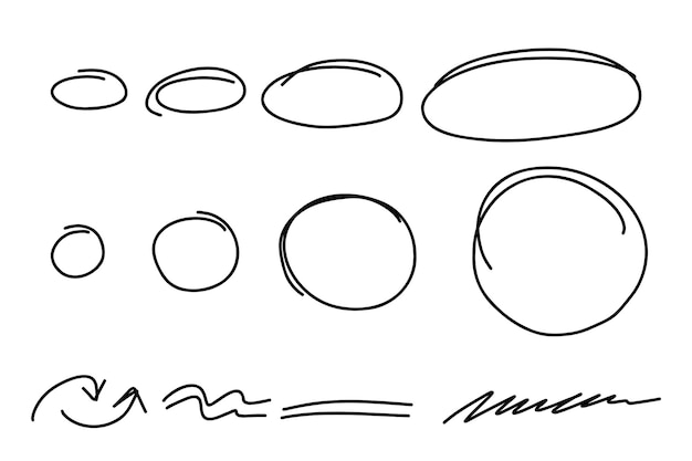 Highlight oval marker frames and curve underline line Hand drawn scribble circle set Doodle ovals