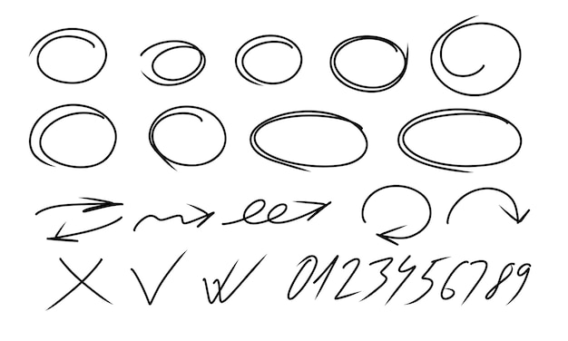 Highlight ovals set. Marker numbers, lines, arrows, check, circle, isolated on white background