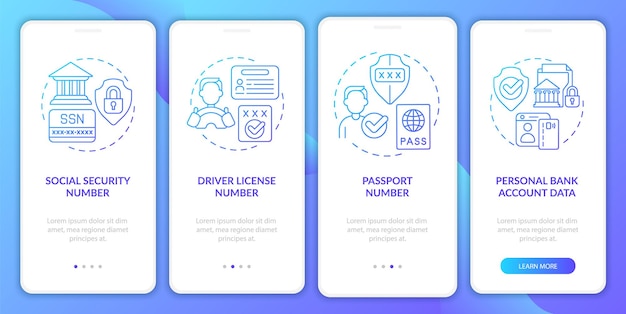 Highly sensitive data blue gradient onboarding mobile app screen Walkthrough 4 steps graphic instructions pages with linear concepts UI UX GUI template Myriad ProBold Regular fonts used