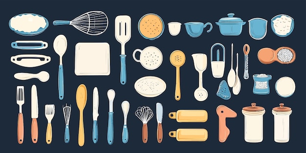 Vector highquality collection of vector baking tools featuring measuring cups and spatula