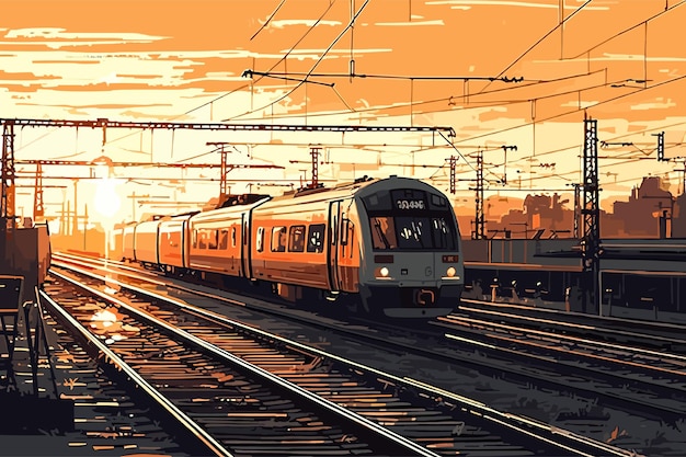 Highspeed train in motion on the railway station at sunset Fast moving modern passenger train on r