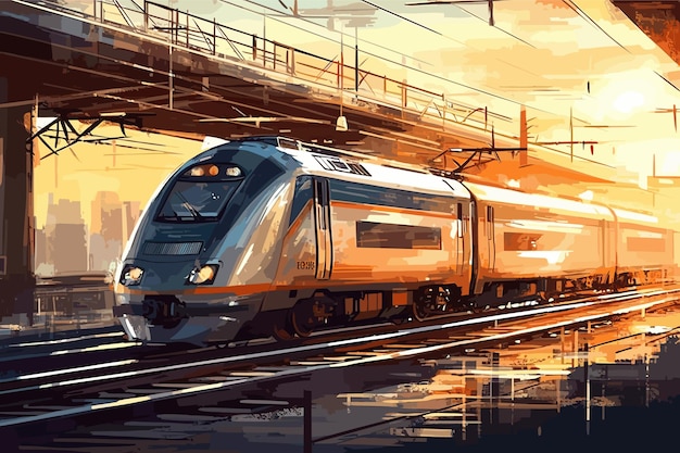 Highspeed train in motion on the railway station at sunset Fast moving modern passenger train on r