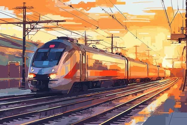 Highspeed train in motion on the railway station at sunset Fast moving modern passenger train on r