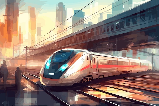 Highspeed train in motion on the railway station at sunset Fast moving modern passenger train on r