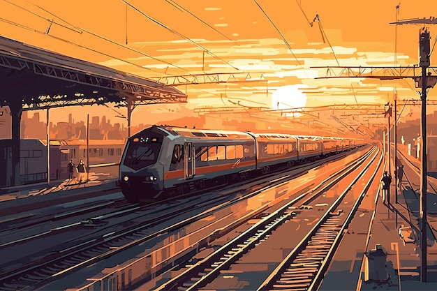 Highspeed train in motion on the railway station at sunset Fast moving modern passenger train on r