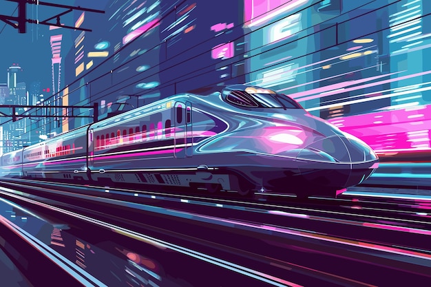 Highspeed train speeds through a pink and blue neonlit futuristic tunnel