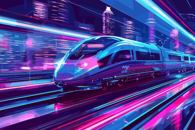 Highspeed train speeds through a pink and blue neonlit futuristic tunnel