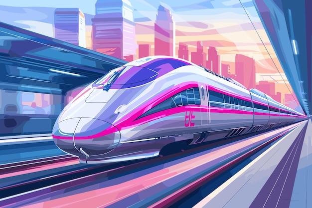 Vector highspeed train speeds through a pink and blue neonlit futuristic tunnel