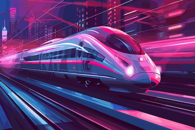 Highspeed train speeds through a pink and blue neonlit futuristic tunnel