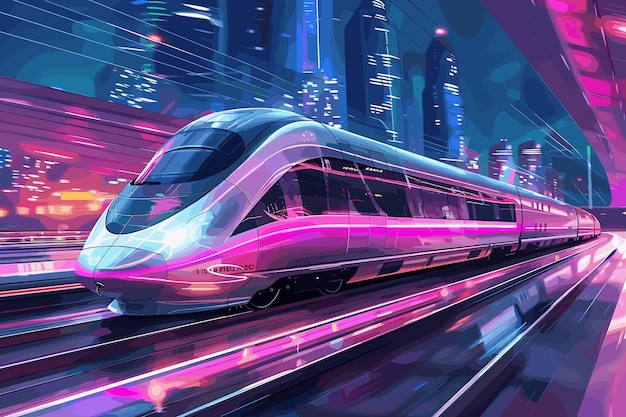 Highspeed train speeds through a pink and blue neonlit futuristic tunnel