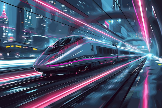 Highspeed train speeds through a pink and blue neonlit futuristic tunnel