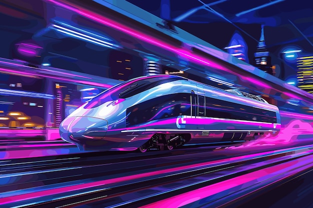 Vector highspeed train speeds through a pink and blue neonlit futuristic tunnel