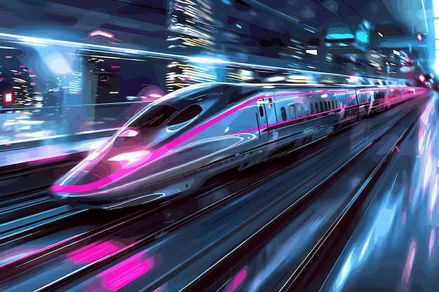 Vector highspeed train speeds through a pink and blue neonlit futuristic tunnel