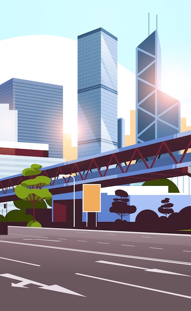 Vector highway road to city skyline with modern skyscrapers and subway