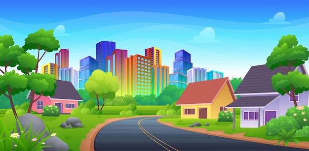 Highway road to city with colorful skyscraper buildings and suburb region houses cartoon landscape