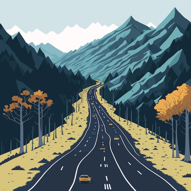 A highway with a mountain forest with winding road illustration