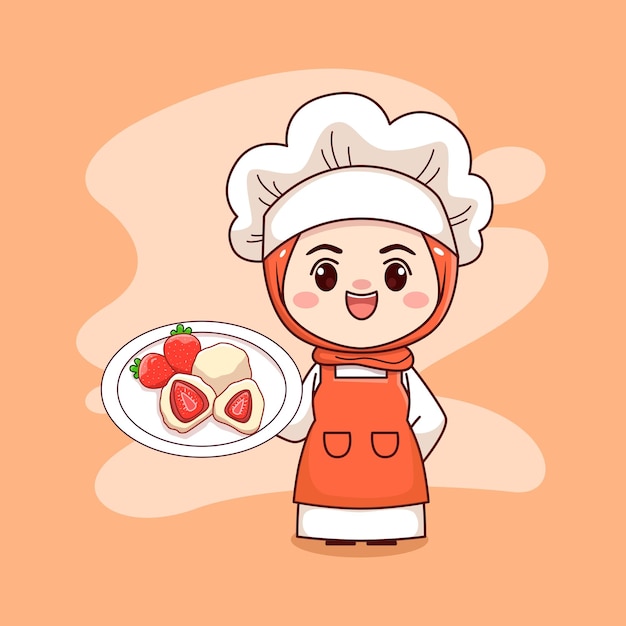 hijab chef with strawberry mochi