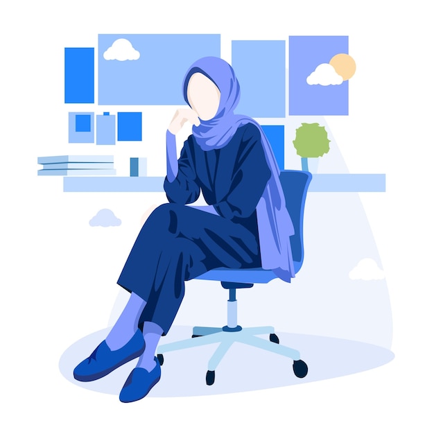 Vector hijab muslim girl sitting in the office vector illustration