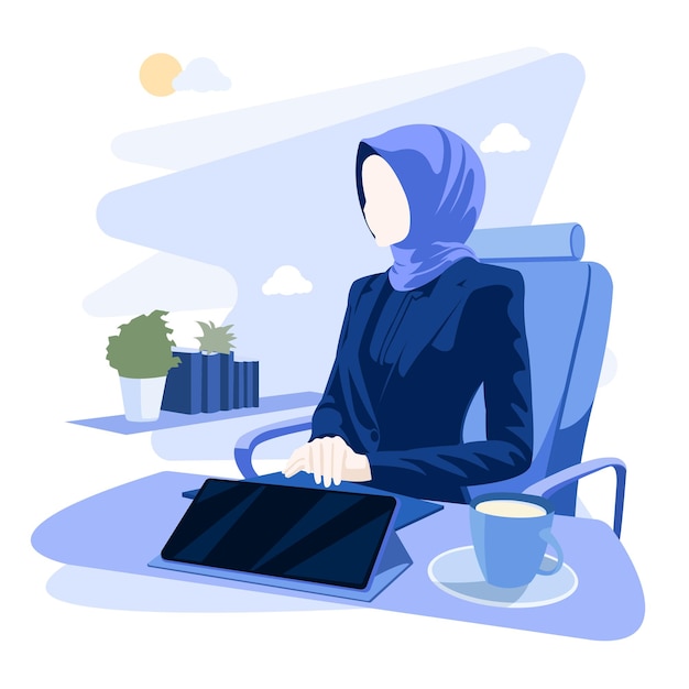 Vector hijab muslim office lady working with laptop vector illustration v