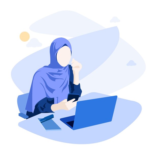 Vector hijab muslim office lady working with laptop vector illustration vi