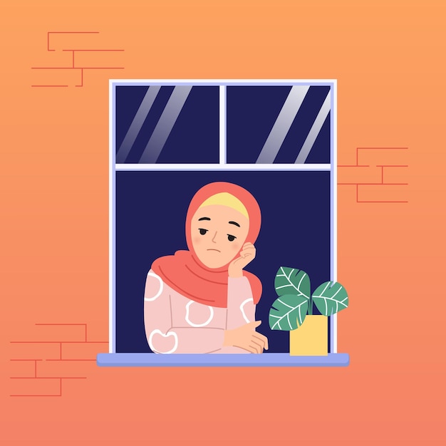 Hijab woman feel bored staying at home because of corona virus pandemic. Window on brick wall. Flat  cartoon design.