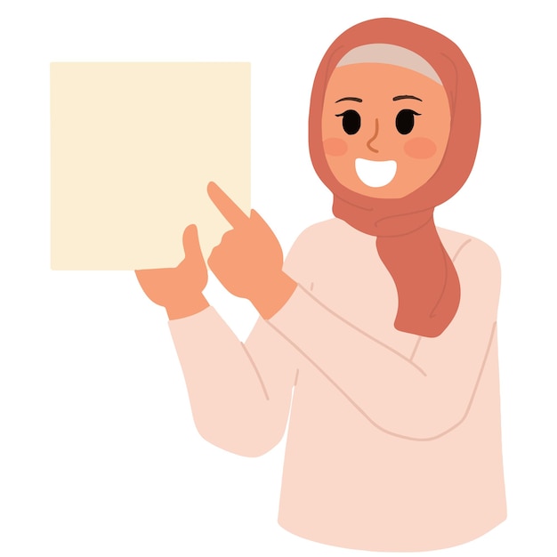 Hijab woman presenting and pointing at black space illustration