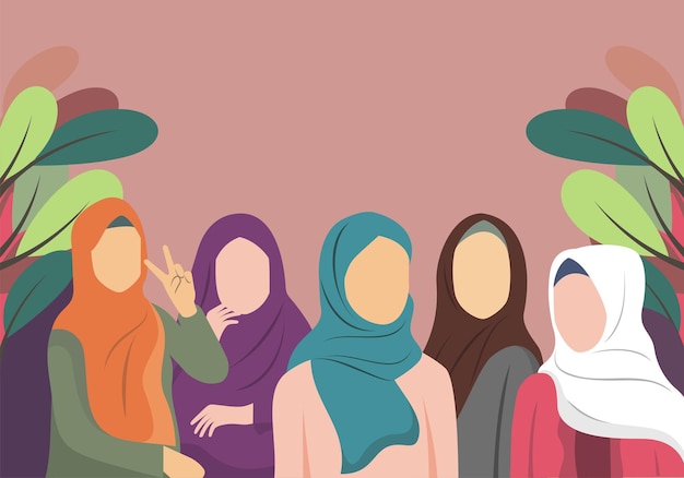 Hijab woman with friends flat design vector and illustration