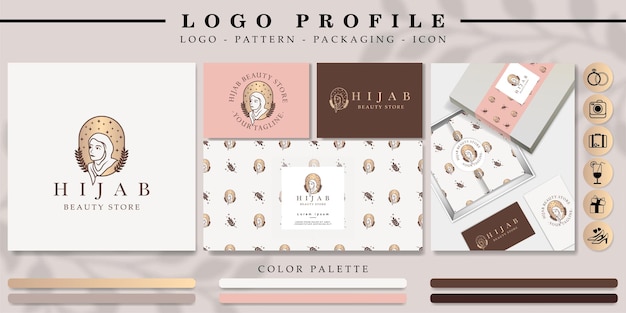 HIJAB WOMEN LOGO WITH PATTERN AND PACKAGING MOCKUP