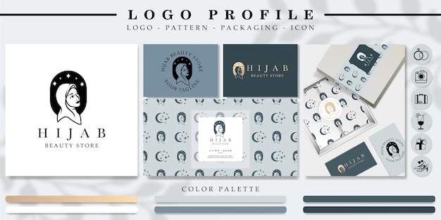 HIJAB WOMEN LOGO WITH PATTERN AND PACKAGING MOCKUP