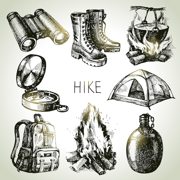 Hike and camping tourism hand drawn set. Sketch design elements