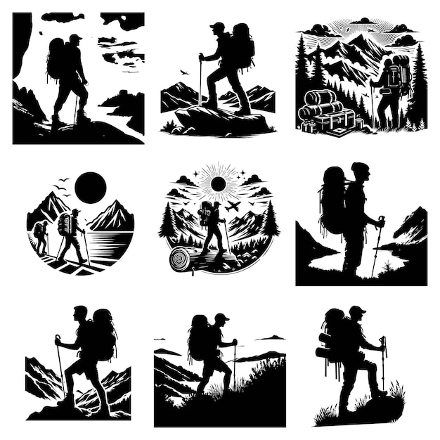 Hike man silhouette stock illustration Bundle in silhouette Adventure lover vector graphic design Adventure Hike man vector Hike silhouette