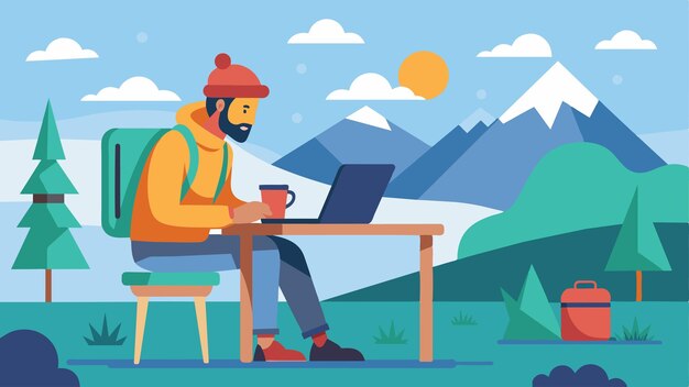 A hiker adorned in outdoor gear takes a break from nature to refuel at the remote coffee shop typing