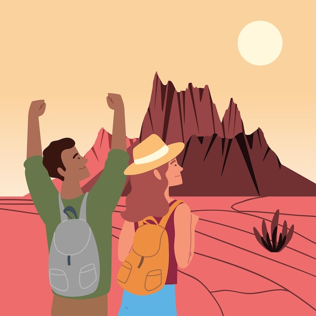 Hiker couple with bags on desert