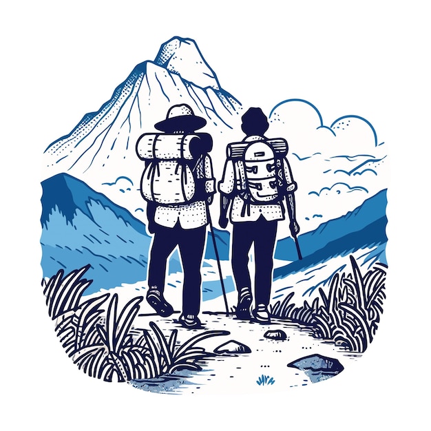 A hiker and a guide exploring a scenic mountain trail minimalistic vector illustration