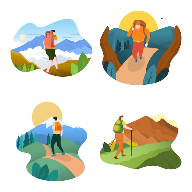 Hiker Man with Backpack Walk Towards Top of Mountain Flat Design